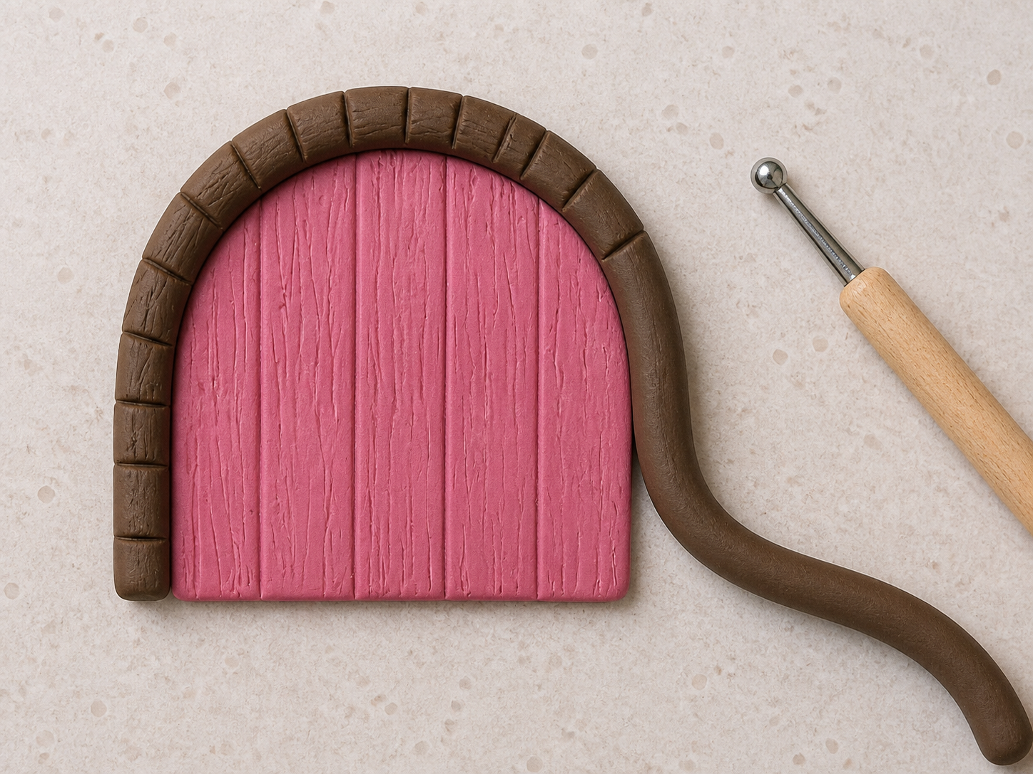 Brauner Rahmen wird um eine rosa FIMO-Wichteltür modelliert