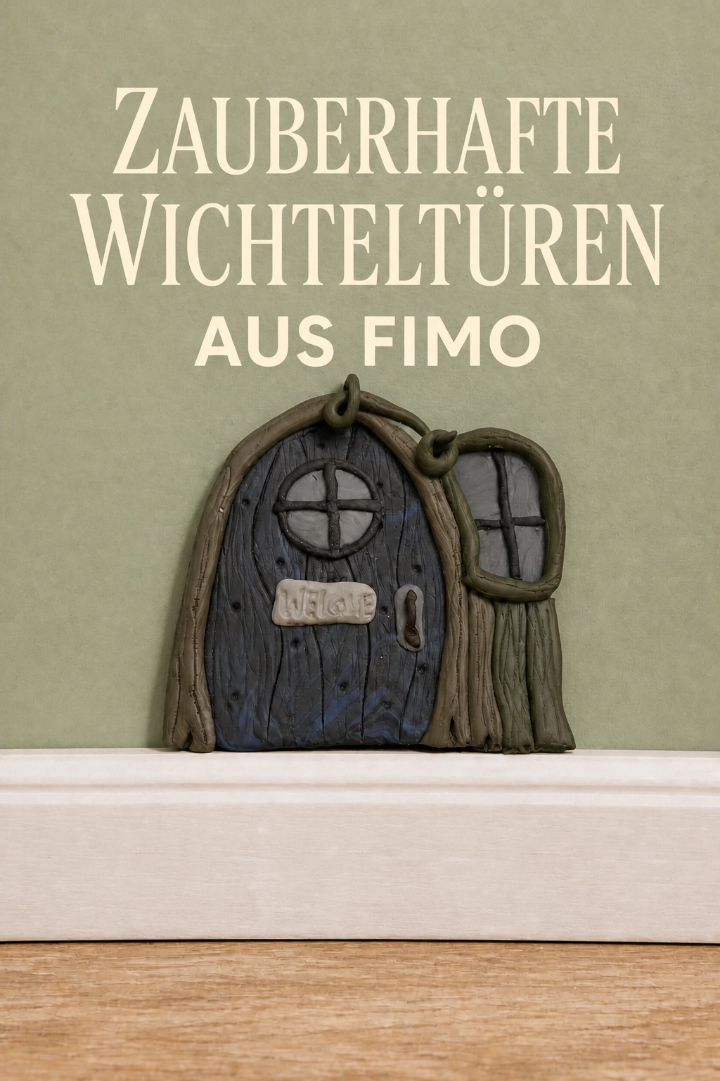 Journal Grün-blaue Waldwichteltür aus FIMO mit Fenster und Ranken